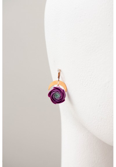 Purple Ranunculus Dangle Rose Earrings