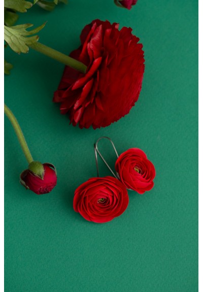 Red Ranunculus Dangle Rose Earrings, Rose Earrings, Dangle Earrings, Garden Wedding Party Gift for Bridesmaids, Birthday Gift