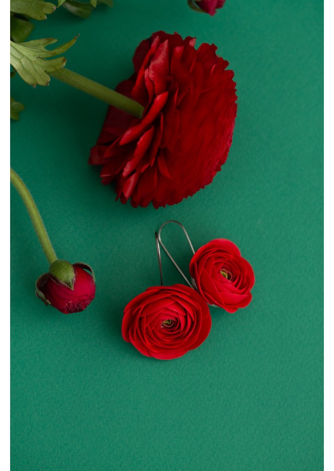 Red Ranunculus Dangle Rose Earrings, Rose Earrings, Dangle Earrings, Garden Wedding Party Gift for Bridesmaids, Birthday Gift