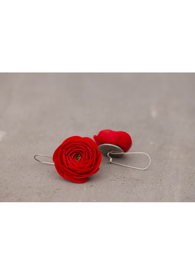 Red Ranunculus Dangle Rose Earrings, Rose Earrings, Dangle Earrings, Garden Wedding Party Gift for Bridesmaids, Birthday Gift