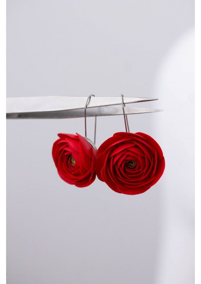 Red Ranunculus Dangle Rose Earrings, Rose Earrings, Dangle Earrings, Garden Wedding Party Gift for Bridesmaids, Birthday Gift