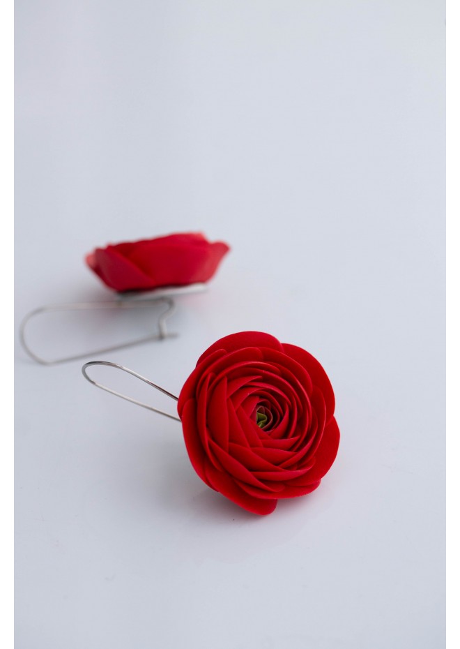 Red Ranunculus Dangle Rose Earrings, Rose Earrings, Dangle Earrings, Garden Wedding Party Gift for Bridesmaids, Birthday Gift