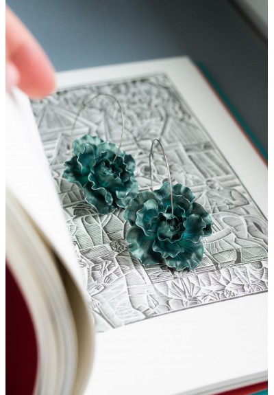 Teal  Flowers hoop earrings from polymer clay, 100% handmade