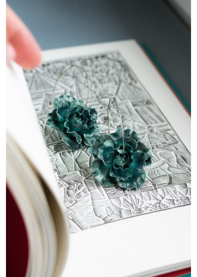 Teal  Flowers hoop earrings from polymer clay, 100% handmade