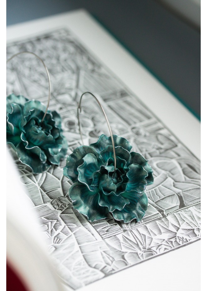 Teal  Flowers hoop earrings from polymer clay, 100% handmade