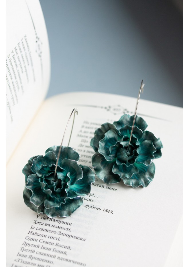 Teal  Flowers hoop earrings from polymer clay, 100% handmade