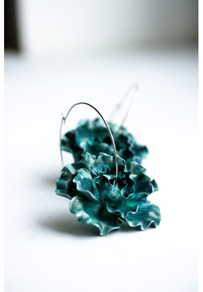 Teal  Flowers hoop earrings from polymer clay, 100% handmade