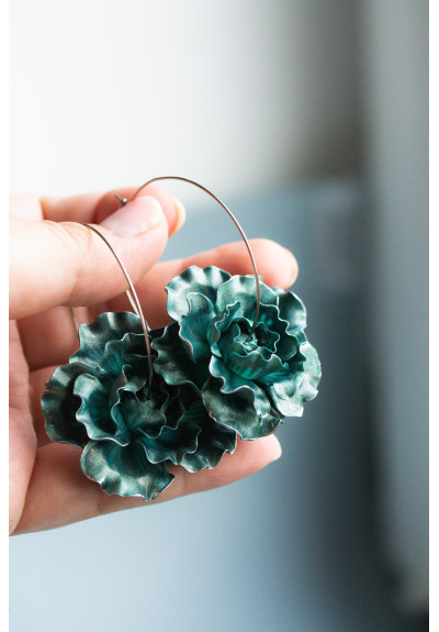 Teal  Flowers hoop earrings from polymer clay, 100% handmade