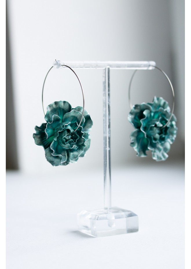 Teal  Flowers hoop earrings from polymer clay, 100% handmade