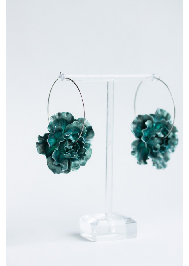 Teal  Flowers hoop earrings from polymer clay, 100% handmade