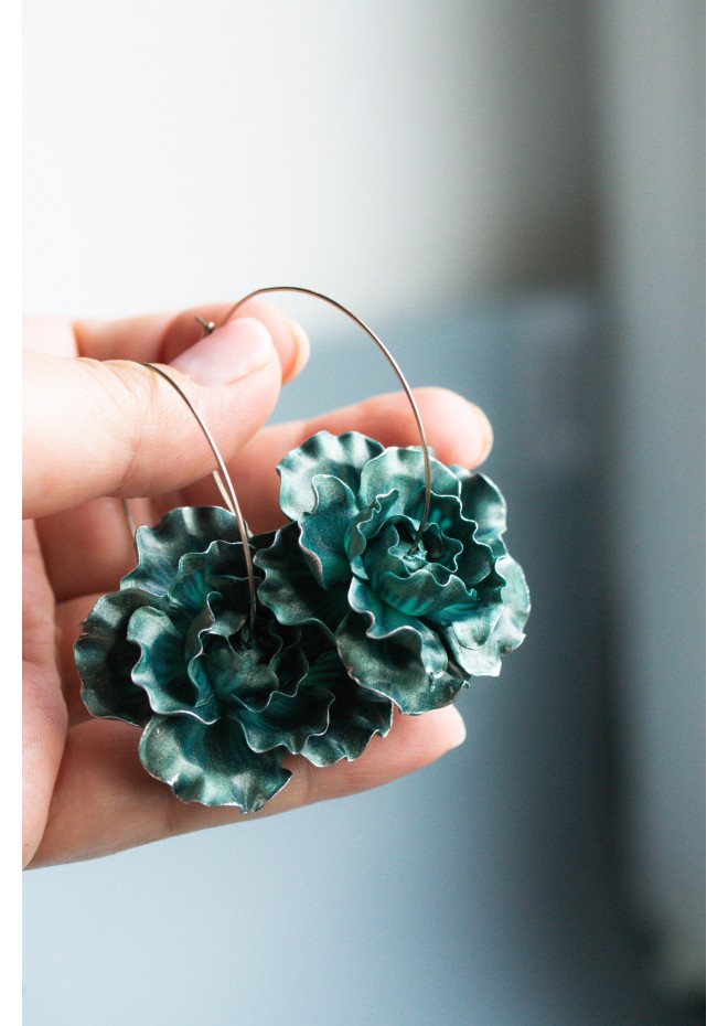 Teal  Flowers hoop earrings from polymer clay, 100% handmade