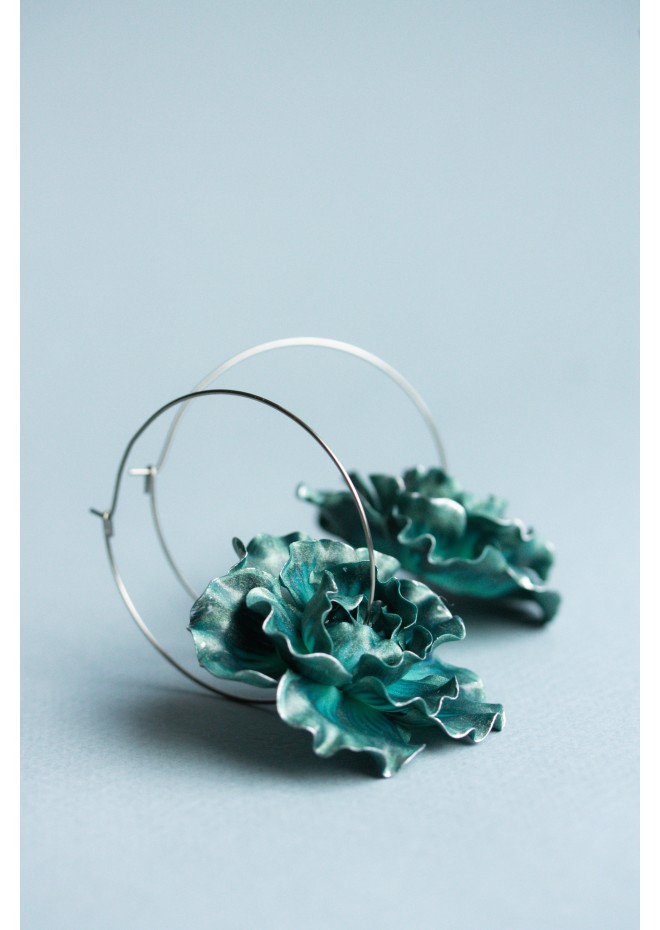 Teal  Flowers hoop earrings from polymer clay, 100% handmade