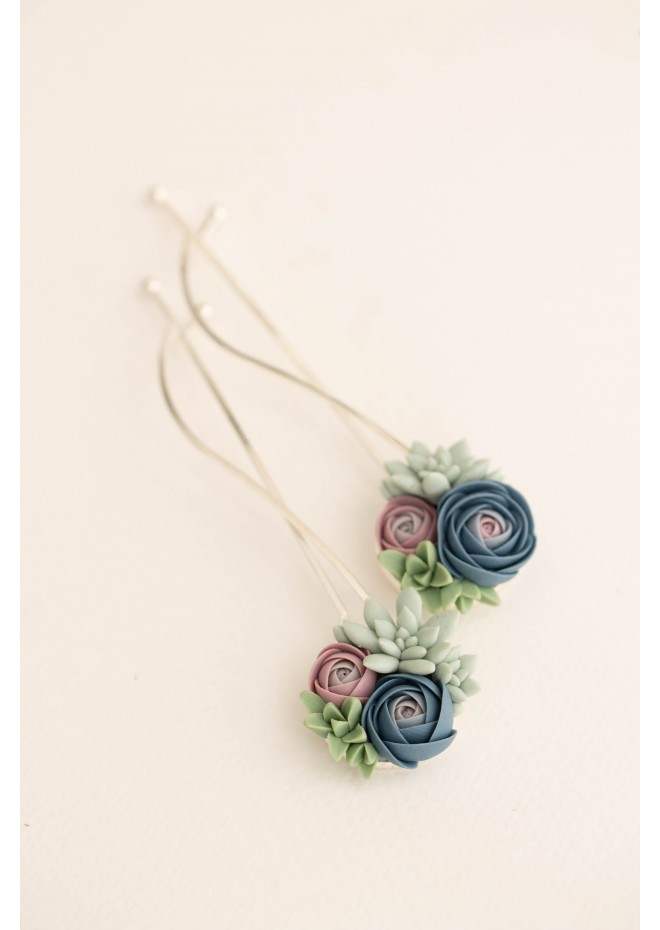 Blue-Pink Succulent Hairpin