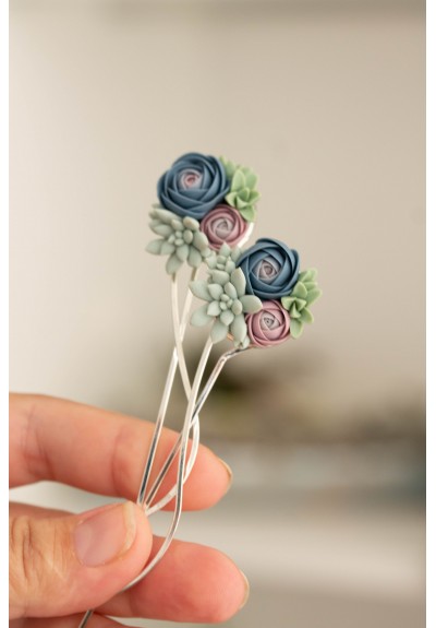 Blue-Pink Succulent Hairpin