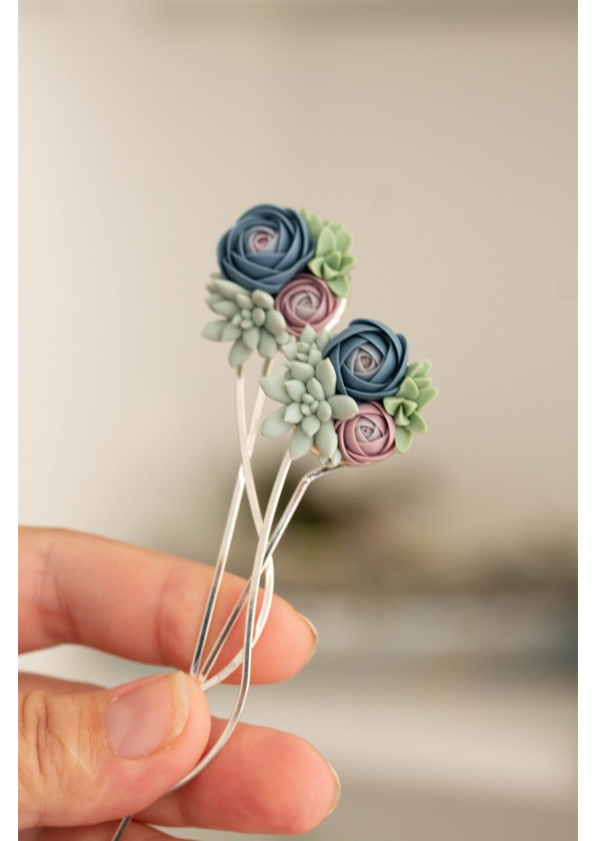 Blue-Pink Succulent Hairpin