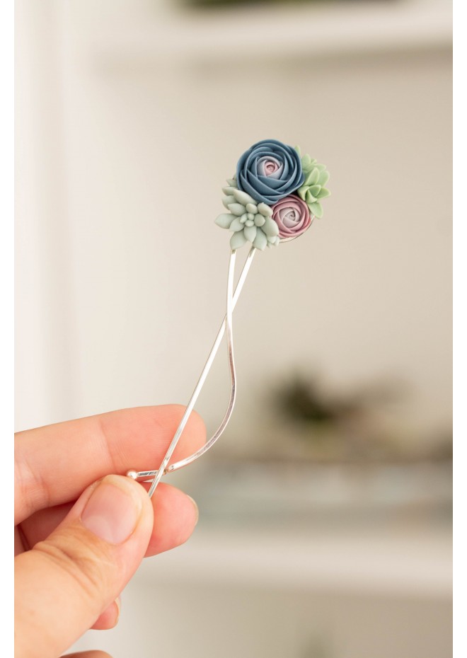 Blue-Pink Succulent Hairpin