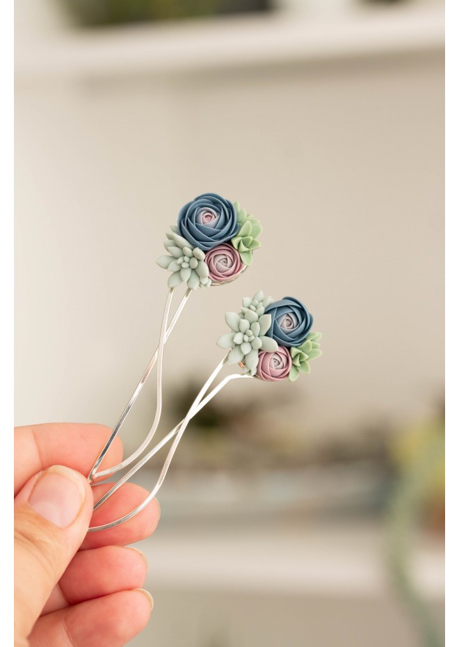 Blue-Pink Succulent Hairpin