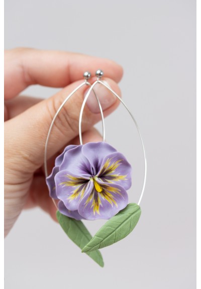 Handcrafted Pansy Blossom Statement Earrings in Polymer Clay