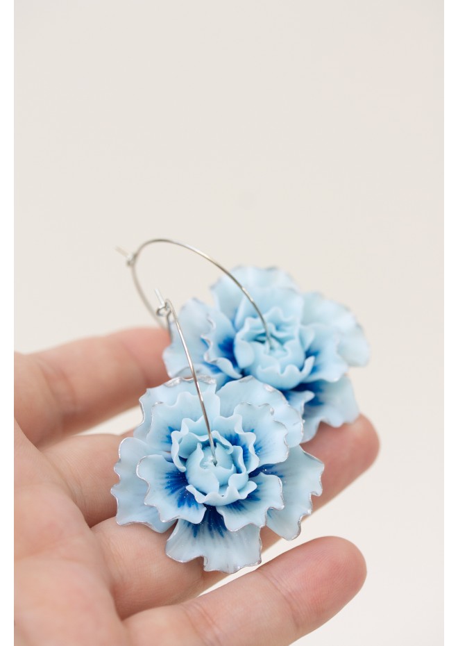 Blue Flower Hoop Earrings