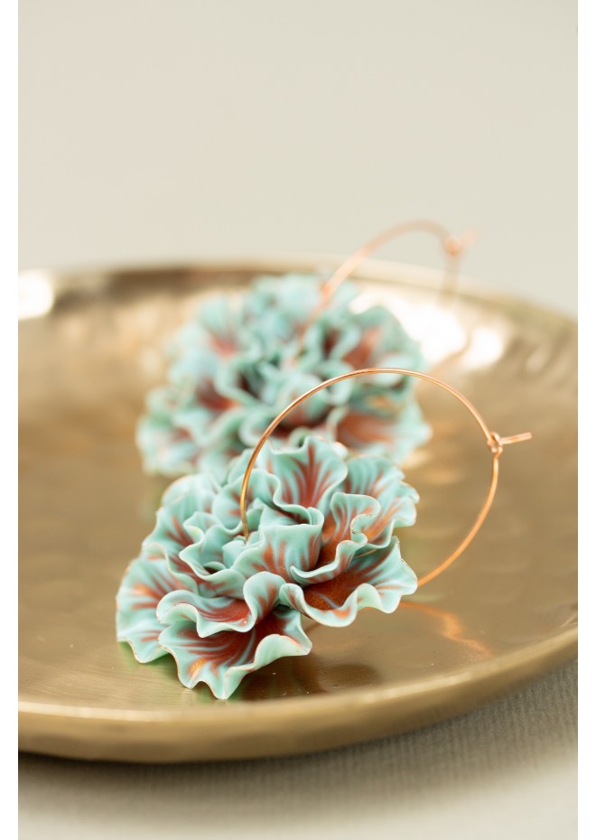 Blue and Bronze Flower Hoop Earring