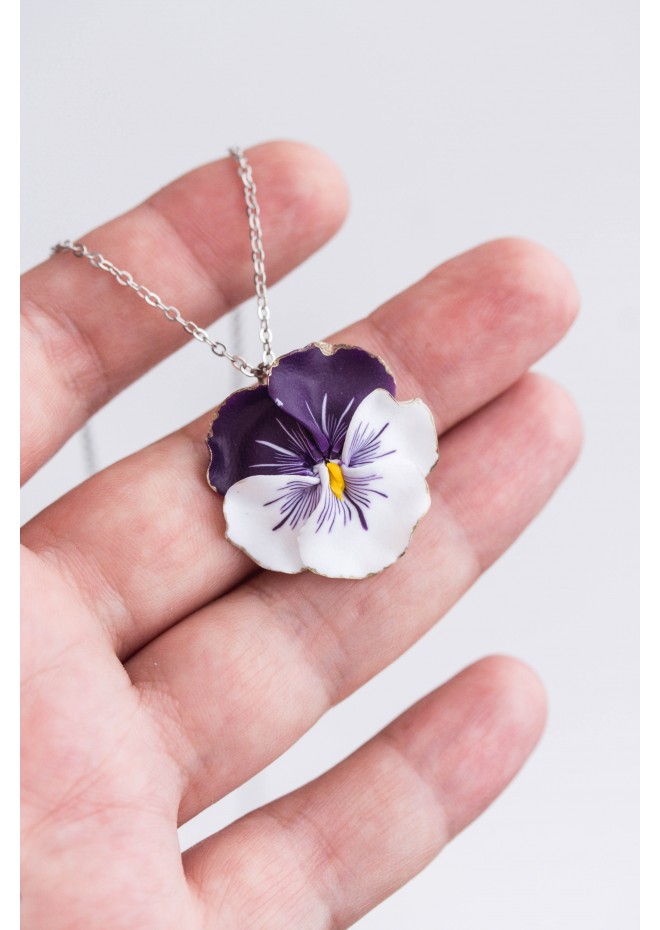 Blue Pansy Pendant Charm Necklace