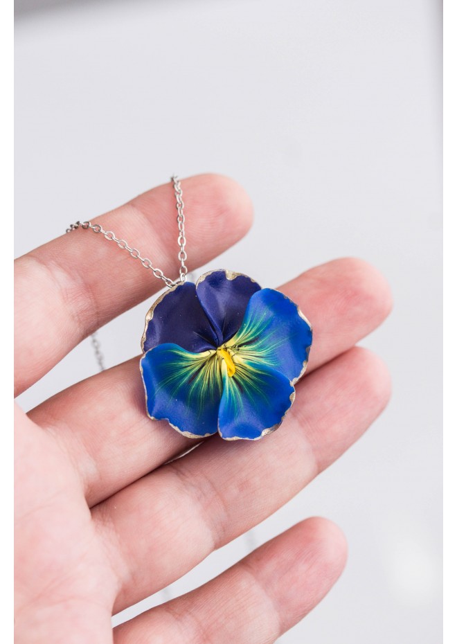 Blue Pansy Pendant Charm Necklace