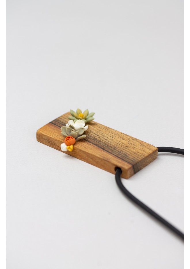 Green, Orange, and Beige Succulent Necklace With Wooden Pendant