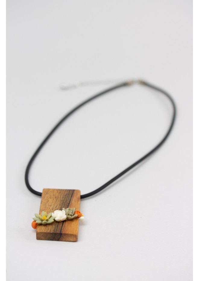 Green, Orange, and Beige Succulent Necklace With Wooden Pendant