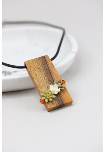 Green, Orange, and Beige Succulent Necklace With Wooden Pendant