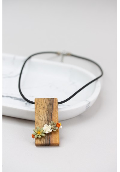 Green, Orange, and Beige Succulent Necklace With Wooden Pendant