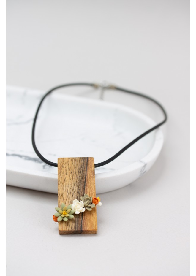 Green, Orange, and Beige Succulent Necklace With Wooden Pendant