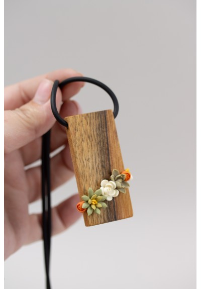 Green, Orange, and Beige Succulent Necklace With Wooden Pendant