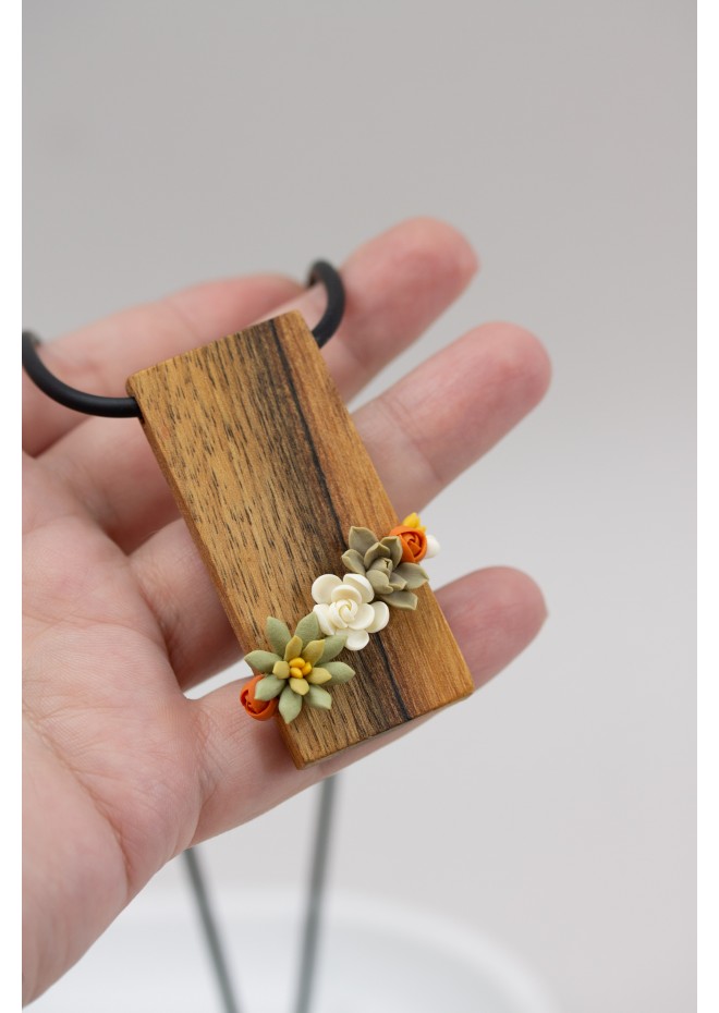 Green, Orange, and Beige Succulent Necklace With Wooden Pendant