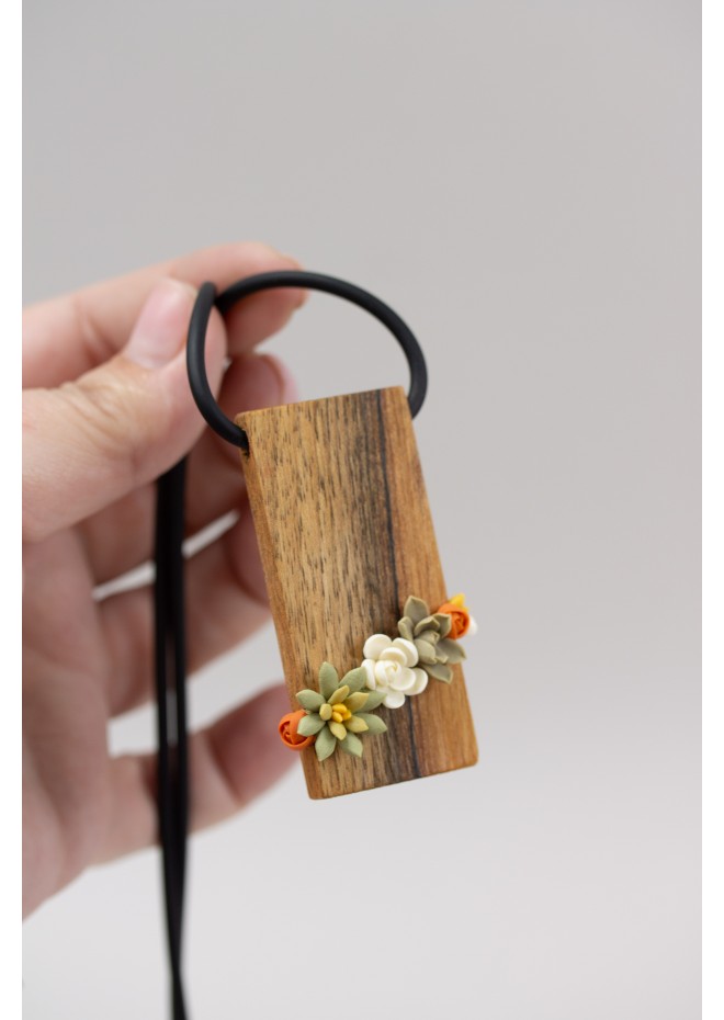 Green, Orange, and Beige Succulent Necklace With Wooden Pendant
