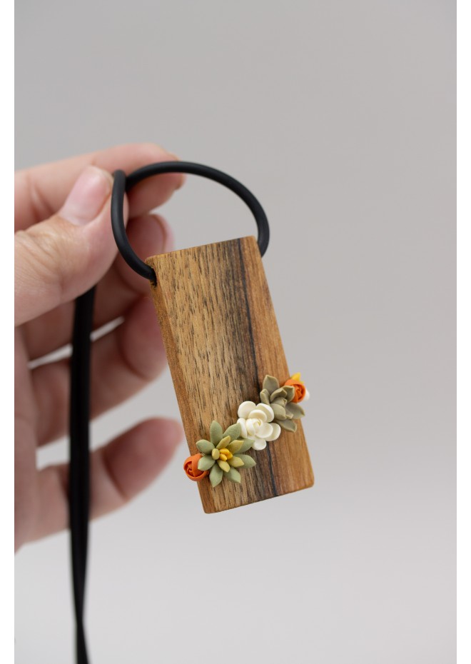 Green, Orange, and Beige Succulent Necklace With Wooden Pendant