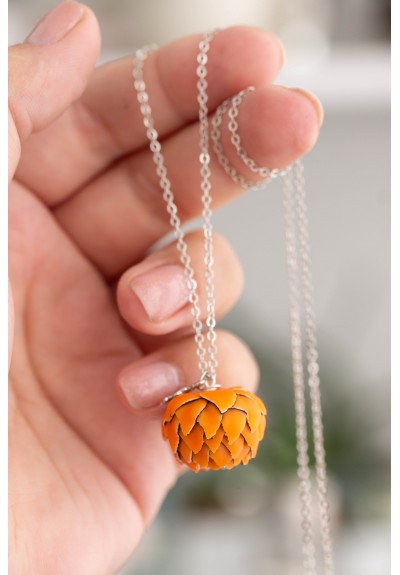 Orange Artichoke Pendant Charm Necklace