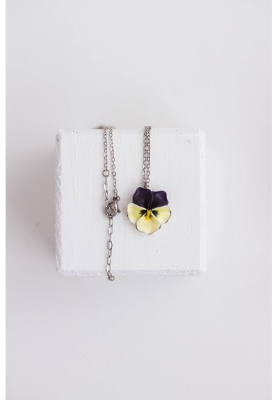 Purple yellow Pansy Pendant Charm Necklace