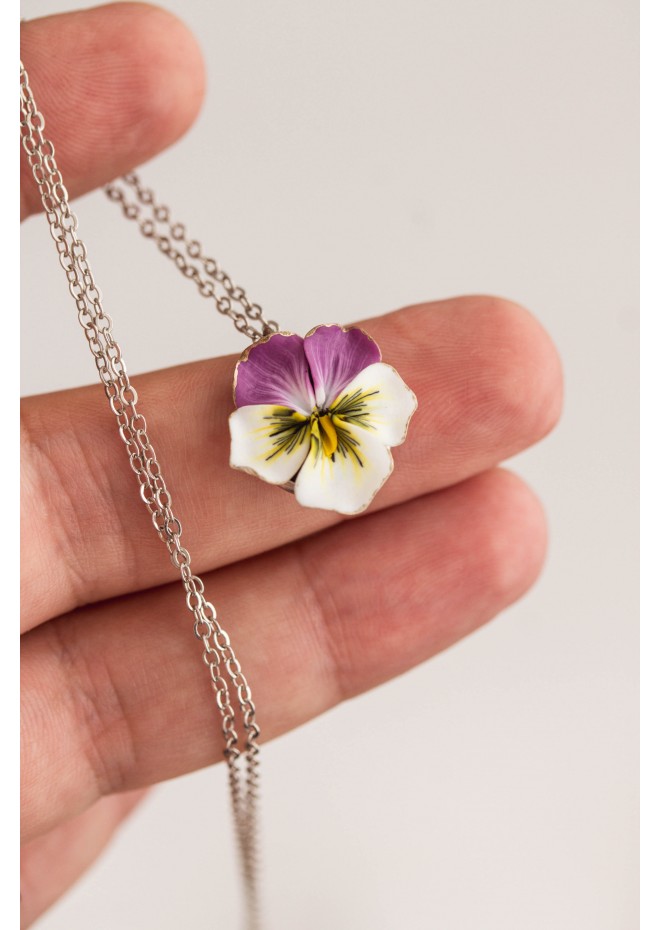 Purple white Pansy Pendant Charm Necklace