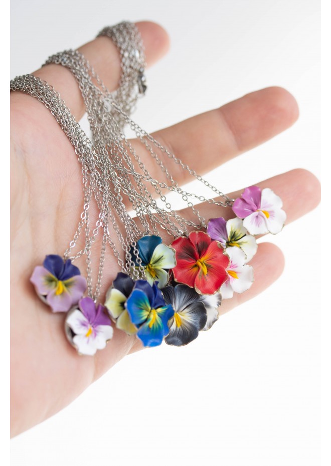 Purple white Pansy Pendant Charm Necklace