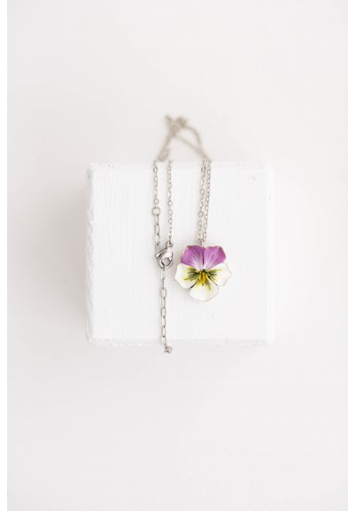 Purple white Pansy Pendant Charm Necklace