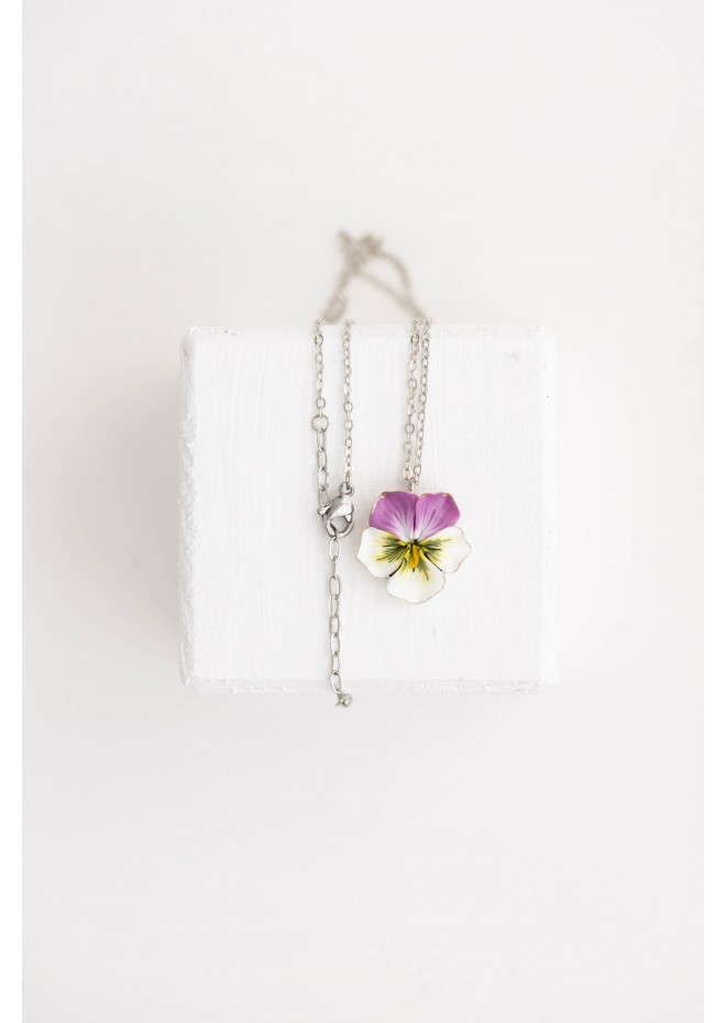 Purple white Pansy Pendant Charm Necklace