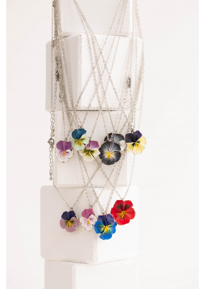 Purple white Pansy Pendant Charm Necklace