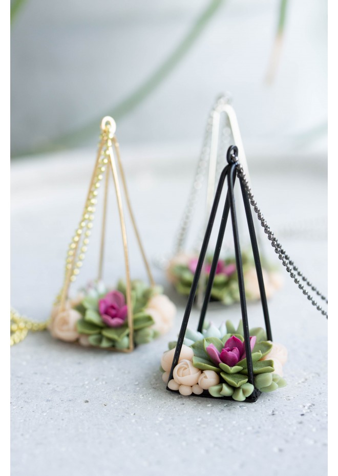 Succulent Terrarium Pendant Necklace - Clay Plant Drop Charm Necklace Green Blue Pink Succulent Jewelry Gift