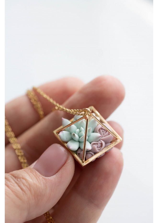 Green, Blue, and Green Succulent Terrarium Necklace