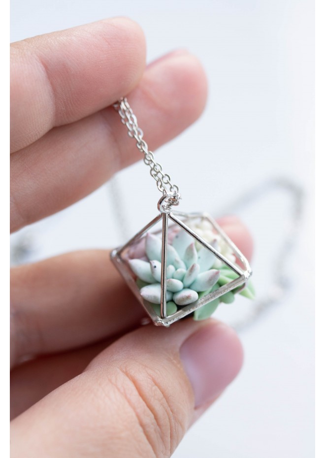 Green, Blue, and Green Succulent Terrarium Necklace