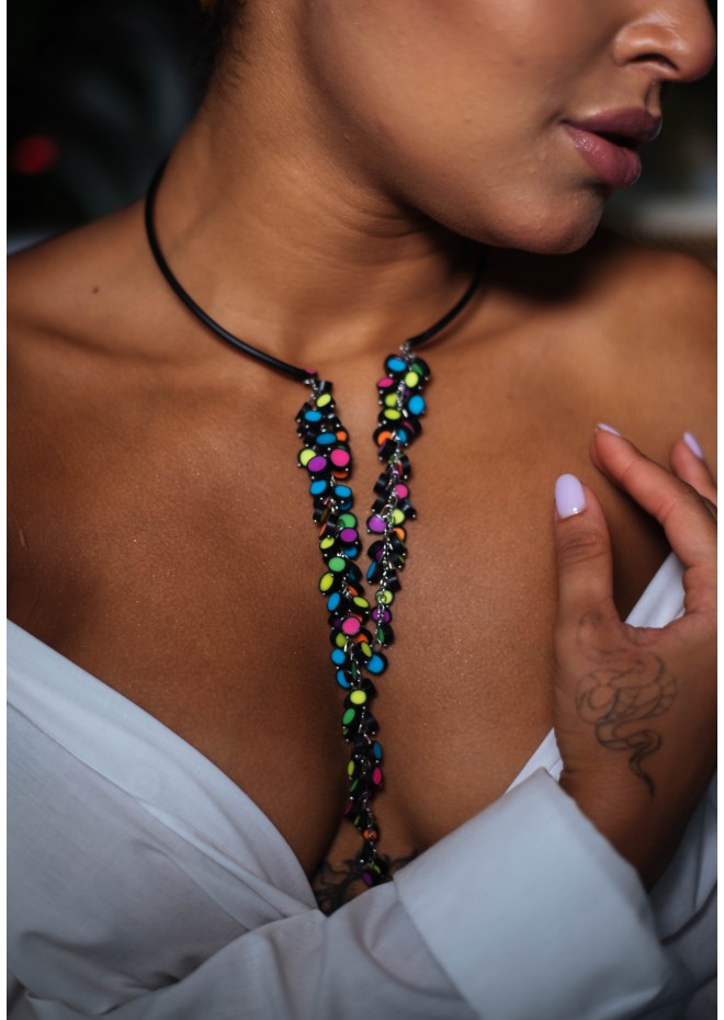 Rainbow Raindrops collection Neon bead chocker necklace Multicolor Statement Necklace Open Cuff Flexible Necklace