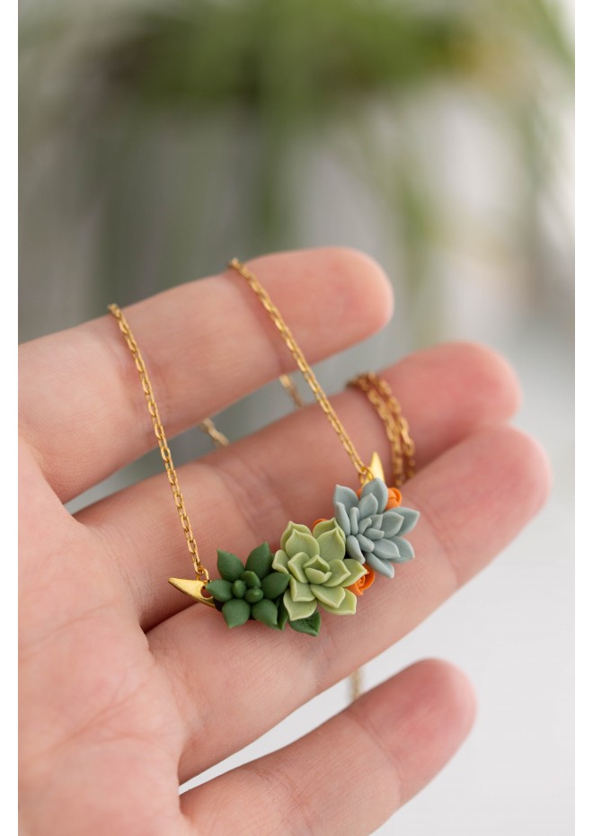 Green, Blue, and Orange Succulent Necklace