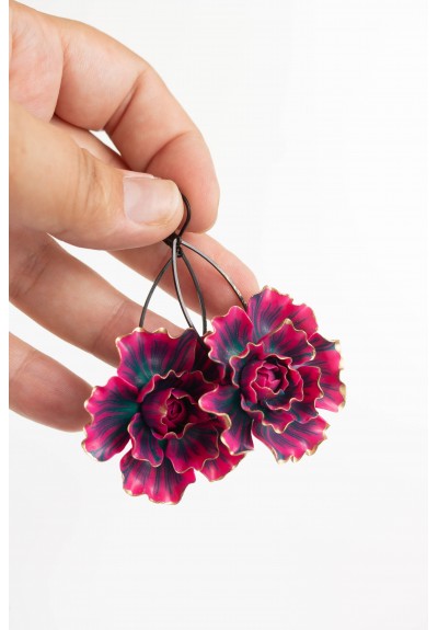 Purple gold Flowers Statement earrings, polymer clay earrings