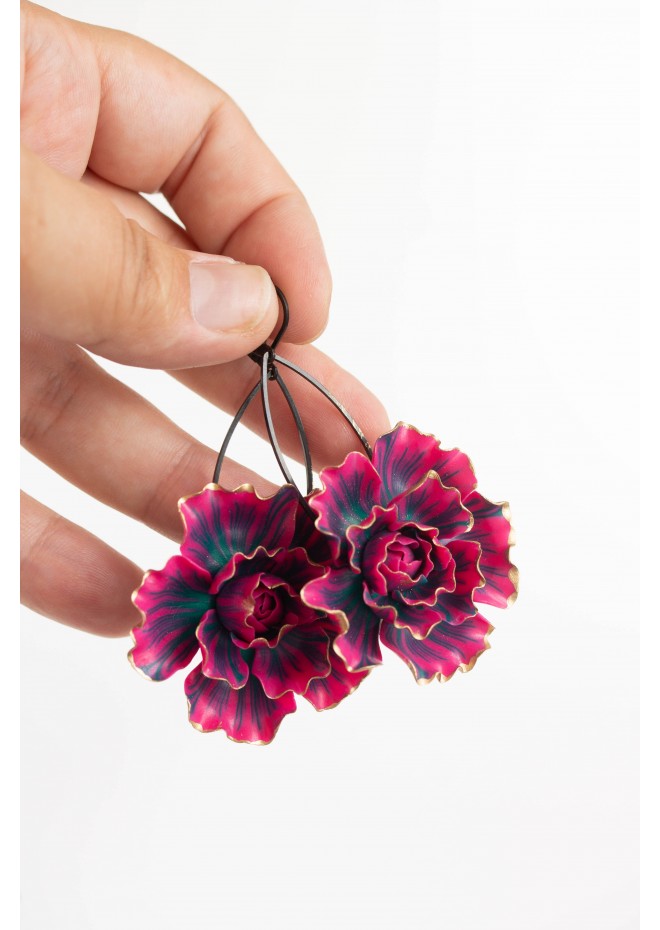 Purple gold Flowers Statement earrings, polymer clay earrings