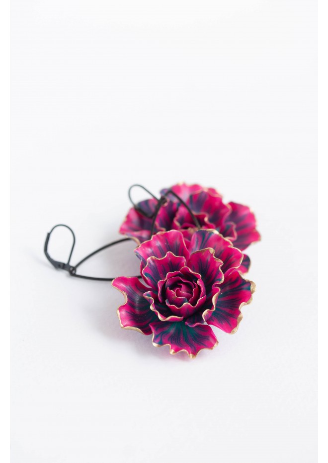 Purple gold Flowers Statement earrings, polymer clay earrings